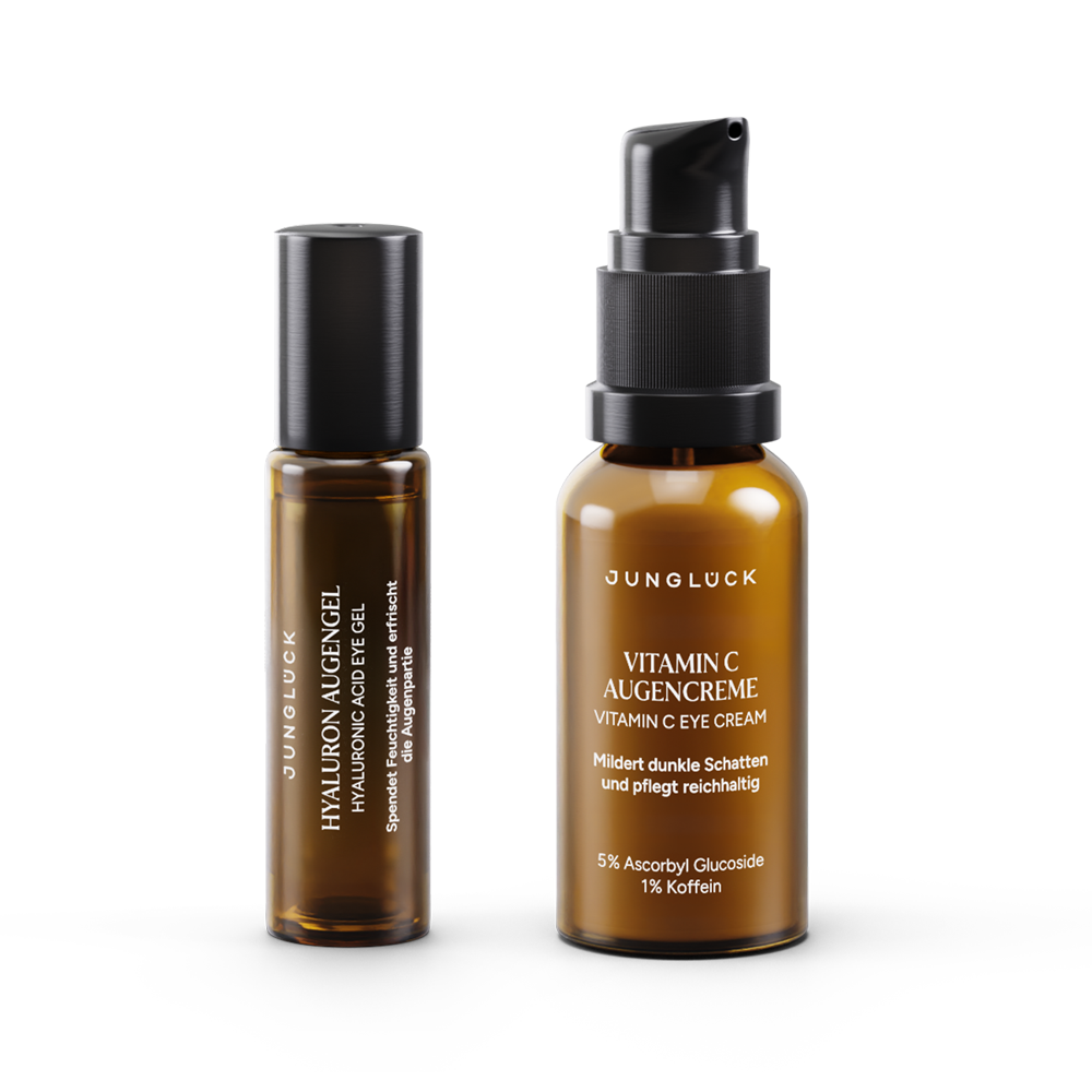 Braunglasflasche mit Hyaluron-Augen-Gel und Vitamin C Augencreme in einem Kombi-Set von JUNGLÜCK.