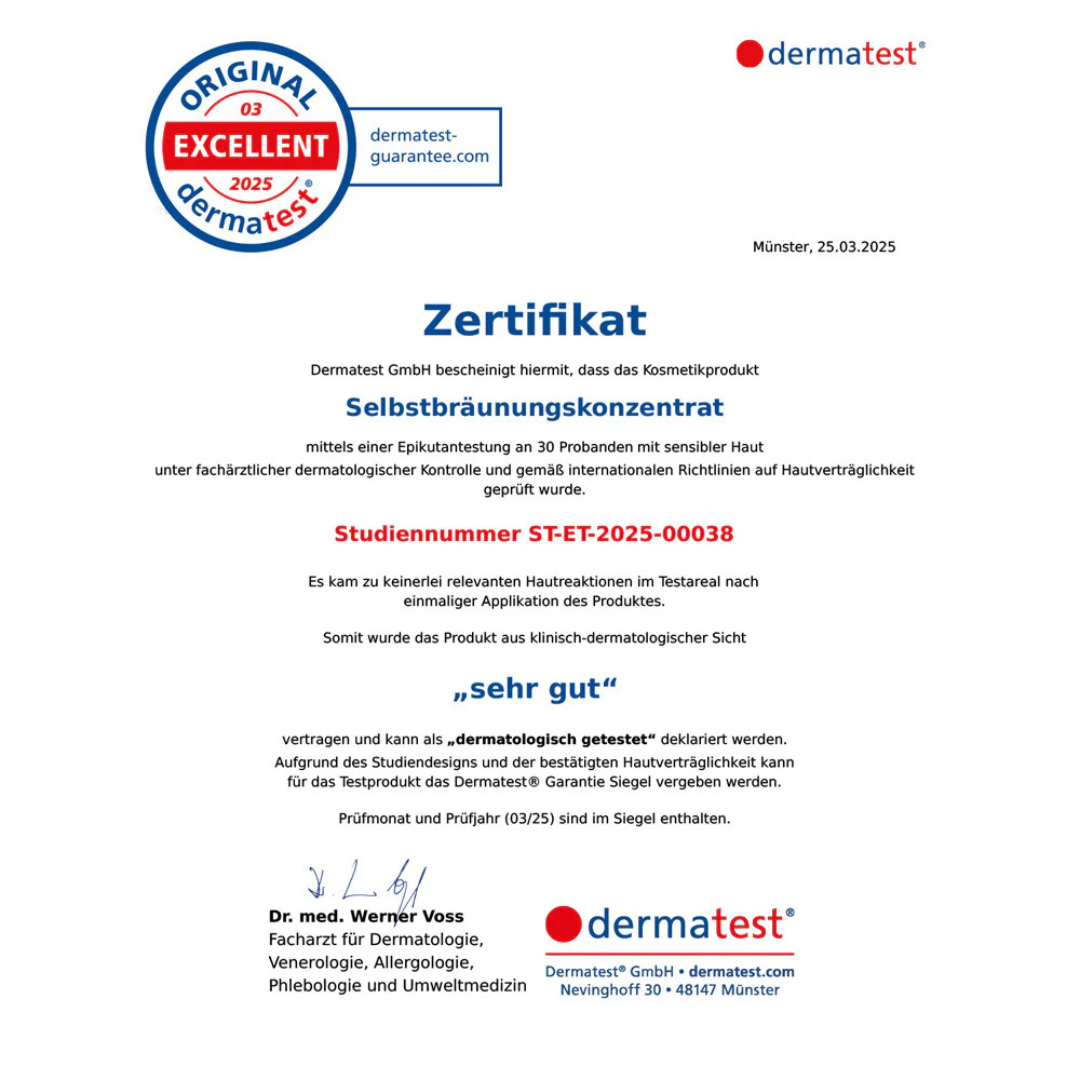 Zertifikat von Dermatest für ein Selbstbräunungskonzentrat, bestätigt mit "sehr gut".