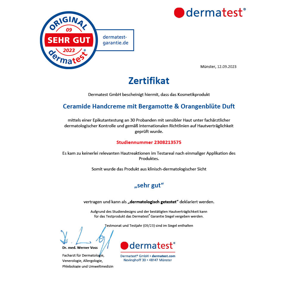 Zertifikat der Dermatest GmbH für die Cerademide Handcreme mit Bergamotte & Orangenblüte Duft, ausgezeichnet mit 'sehr gut'.