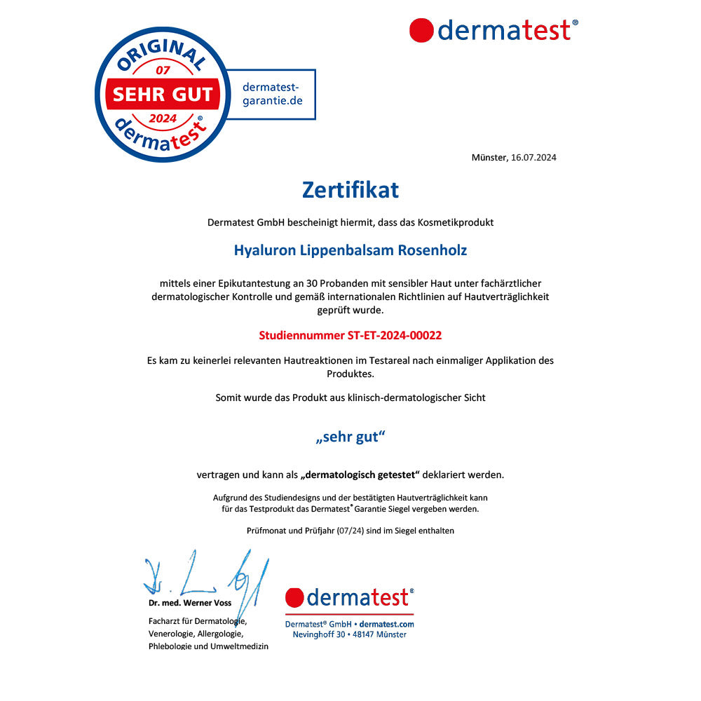 Zertifikat von Dermatest für Hyaluron Lippenbalsam Rosenholz mit Bewertung 'sehr gut', ausgestellt am 16.07.2024.