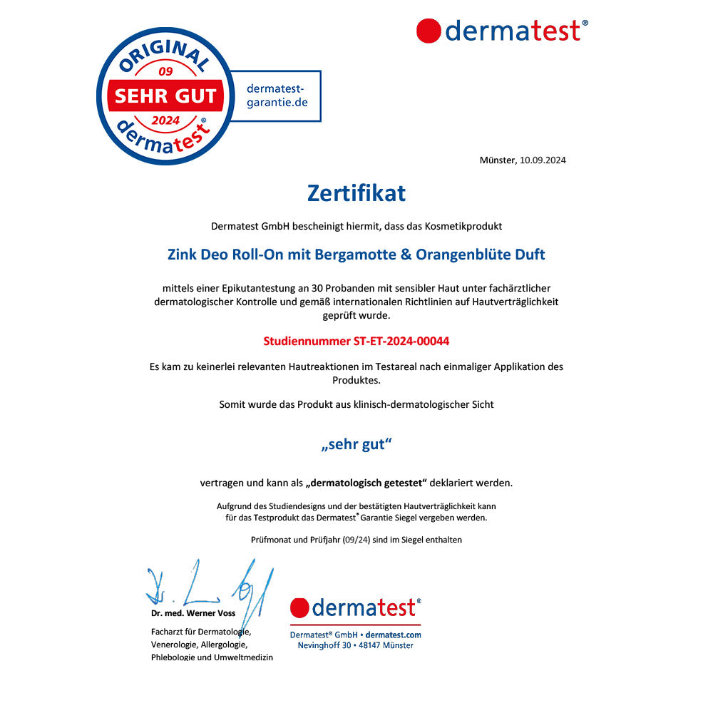 Zertifikat von Dermatest für Zink Deo Roll-On mit Bergamottee und Orange. Bestnote 'sehr gut' ausgewiesen.