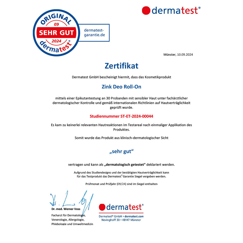 Zertifikat der Dermatest GmbH für Zink Deo Roll-On, bescheinigt sehr gute dermatologische Verträglichkeit.