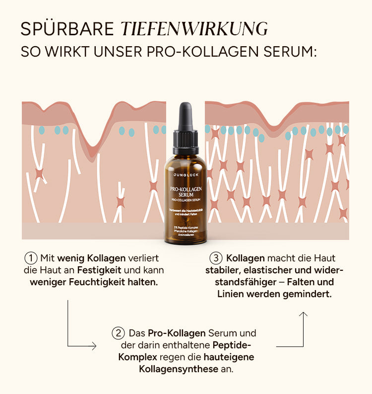 Braunglasflasche mit Pipette, gefüllt mit Pro Kollagen Serum. Hintergrund zeigt schematische Hautstruktur mit Text zu