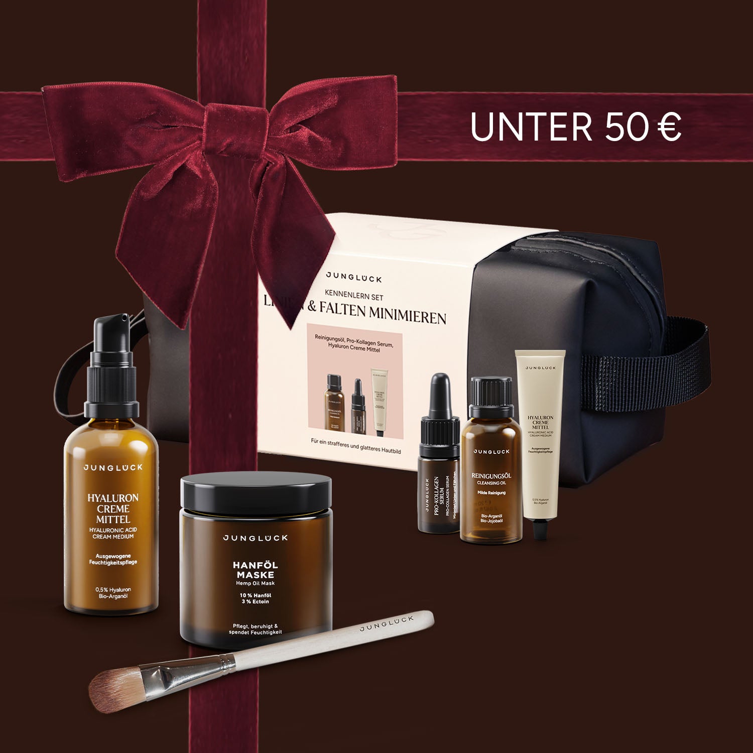 Geschenkset bestehend aus Braunglasflasche mit Hyaluron Creme, Hanföl, weiteren Pflegeprodukten und einem Pinsel in einer