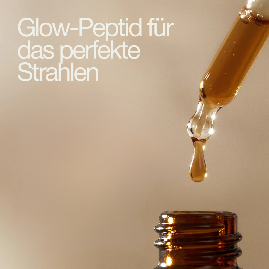 Braunglasflasche mit Pipette, goldenes Serum tropft aus der Pipette, sanfter Hintergrund.