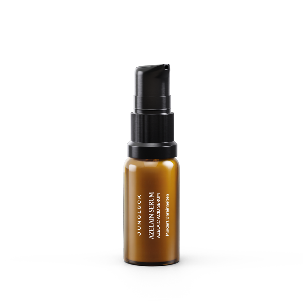 Braunglasflasche mit Pumpe, 10ml Azelain Serum von JUNGLÜCK, einfacher und eleganter Look.