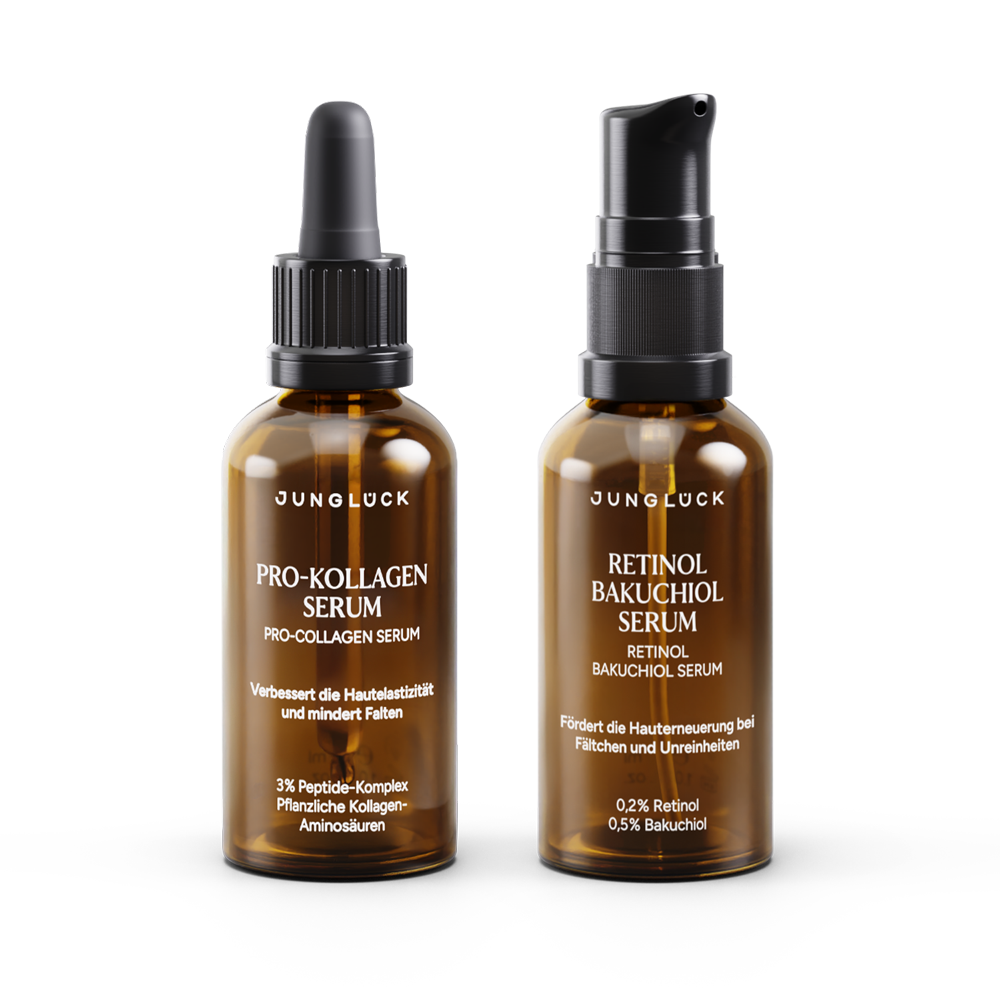 Braunglasflaschen des Bye Bye Falten Sets mit PRO-KOLLAGEN SERUM und RETINOL BAKUCHIOL SERUM, beide mit Pumpverschluss.