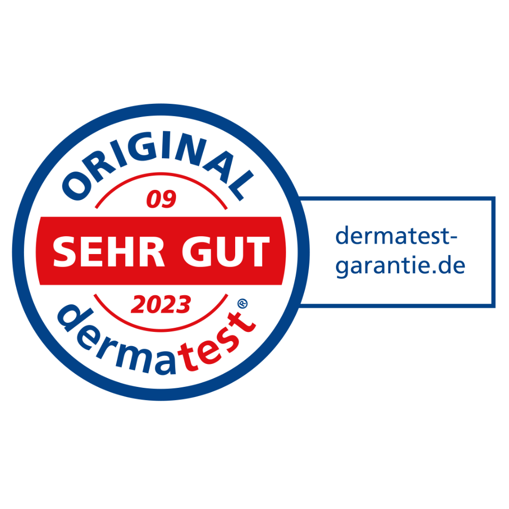 Zertifikat von Dermatest mit der Bewertung 'SEHR GUT' für ein Produkt, ausgestellt im September 2023.