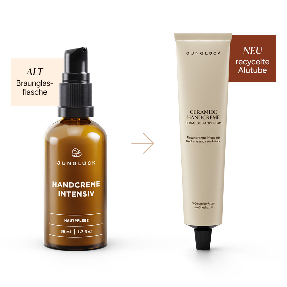 Links: Braunglasflasche mit Handcreme Intensiv 50ml. Rechts: Tube der Ceramide Handcreme in neuer Verpackung.