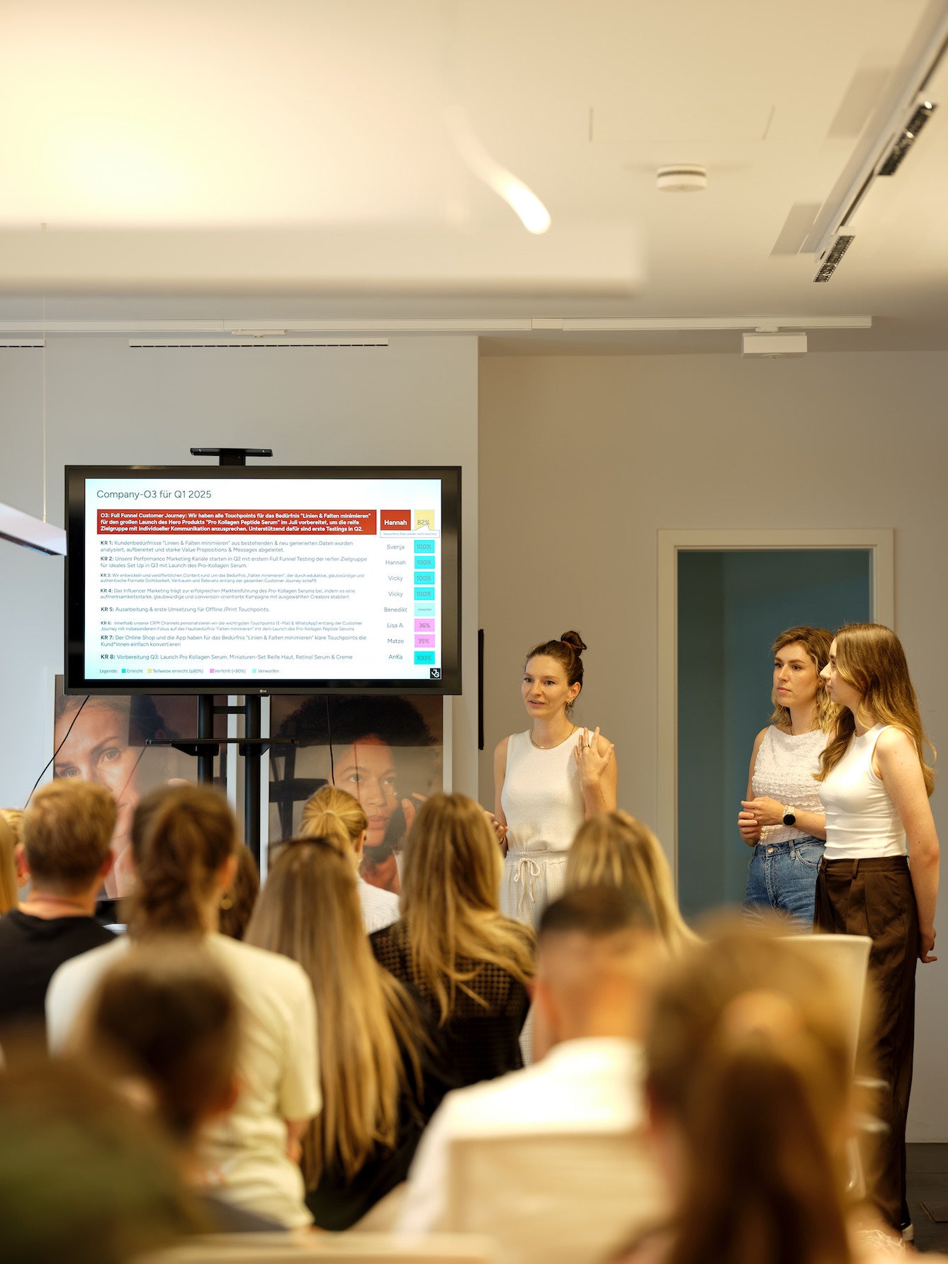 Frauen in einem Raum präsentieren vor einer Gruppe, im Hintergrund eine Leinwand mit Informationen zur