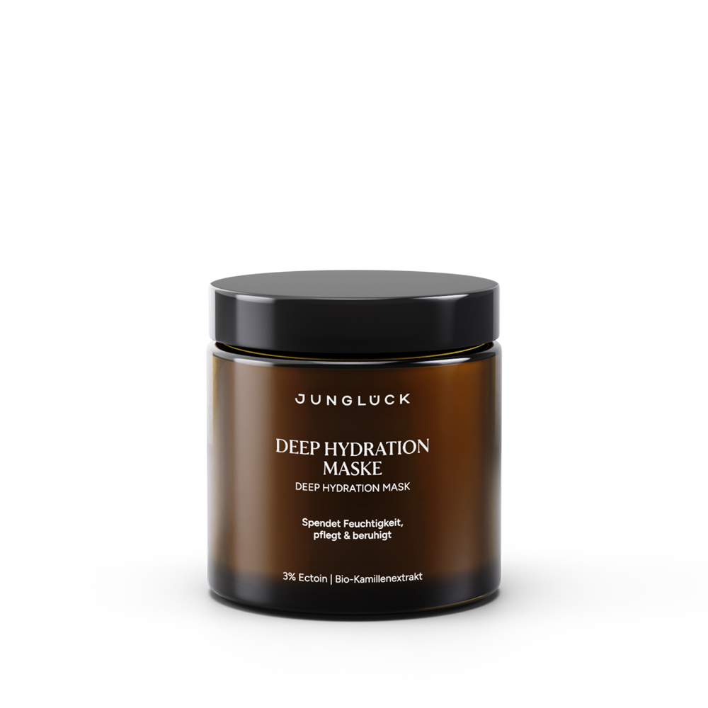 Braunglasflasche mit der Deep Hydration Maske. Beschriftung: "Spendet Feuchtigkeit, pflegt & beruhigt".