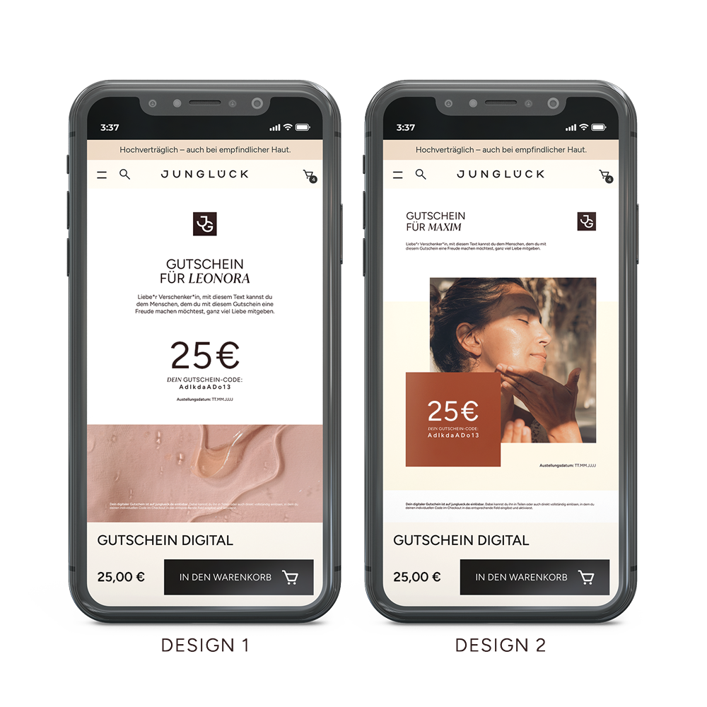 Zwei Smartphones zeigen digitale Gutscheine von JUNGLÜCK: jeweils 25€ Gutscheine für Leonora und Maxim.