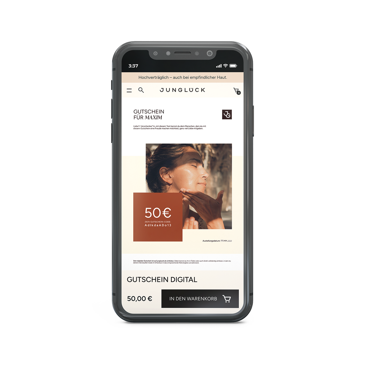 Smartphone showing a digital gift card webpage with a 50 euro card featuring a woman with a scarf and soft beige background.