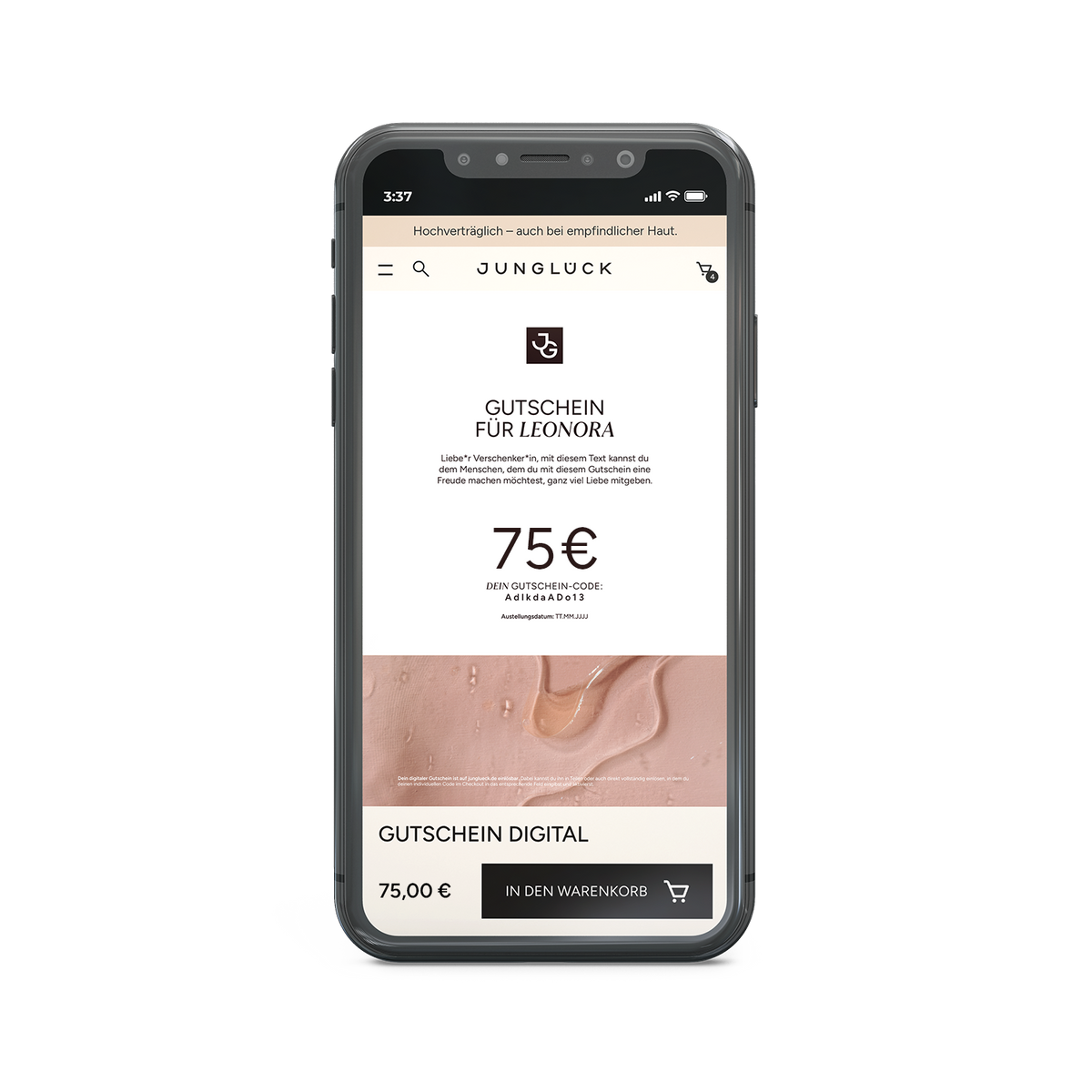 Digitaler Gutschein im Wert von 75 Euro auf einem Smartphone, mit klarer Schrift und elegantem Design.