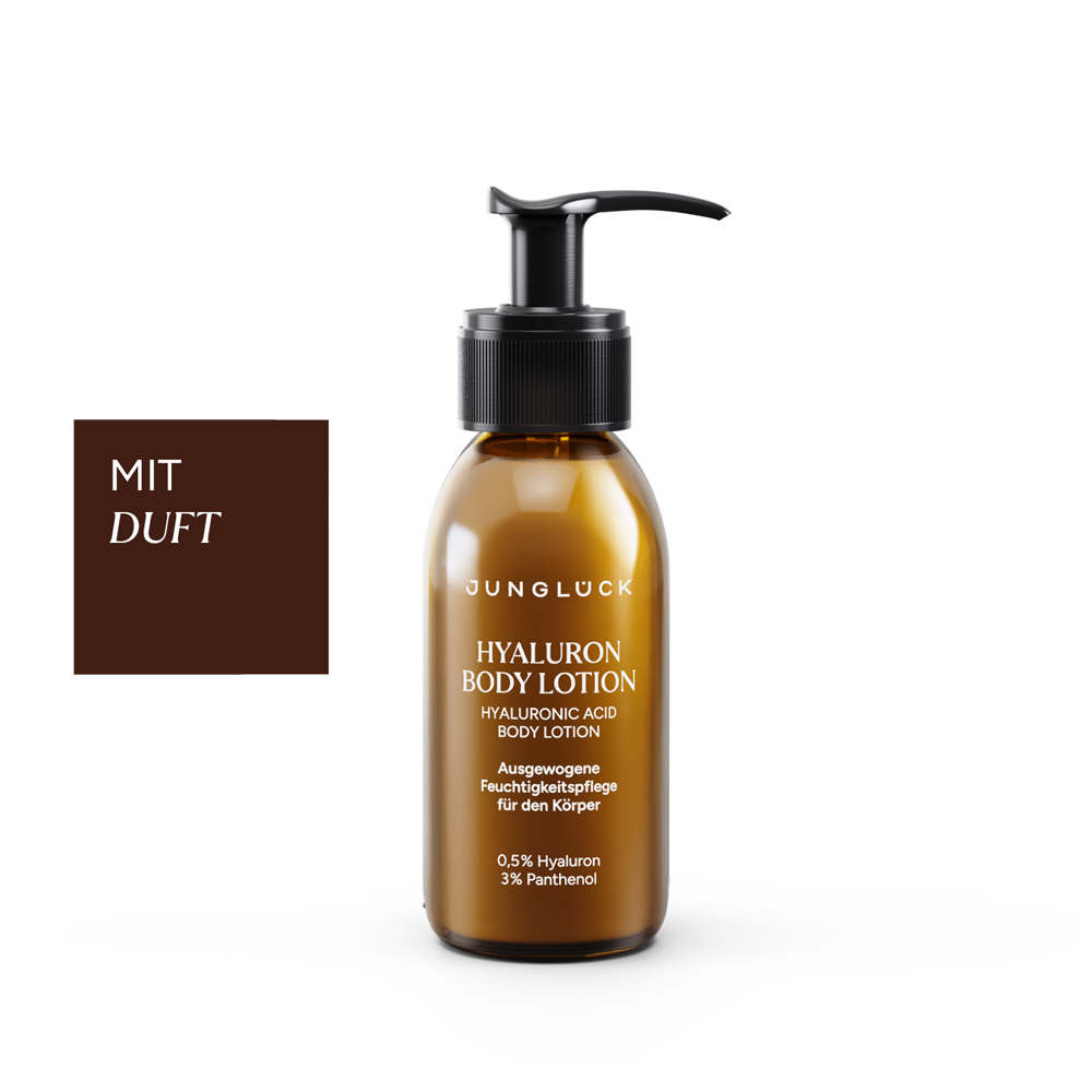 Junglück Hyaluron Body Lotion mit Duft Miniatur in Braunglasflasche
