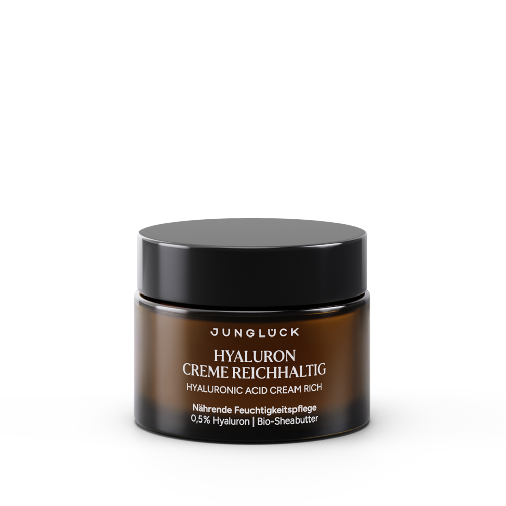 Braunglastiegel mit Aufschrift 'Hyaluron Creme Reichhaltig', 50ml, enthält 0,5% Hyaluron und Bio-Sheabutter.