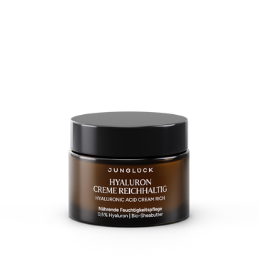 Braunglastiegel mit Aufschrift 'Hyaluron Creme Reichhaltig', 50ml, enthält 0,5% Hyaluron und Bio-Sheabutter.