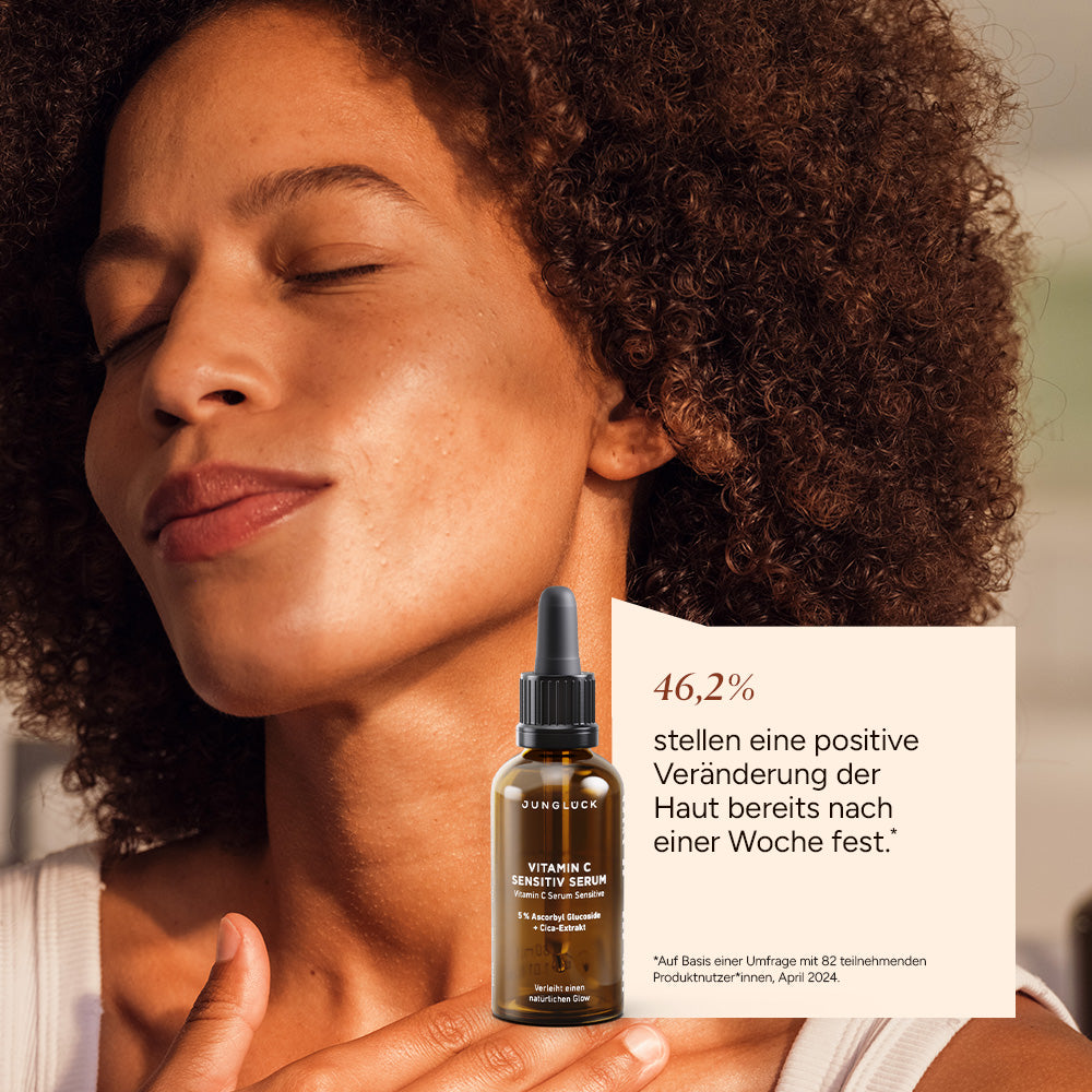 Kennenlernset Vitamin C Sensitiv Serum in Braunglasflasche vor einem Hintergrund mit einer lächelnden Frau. Angaben zur