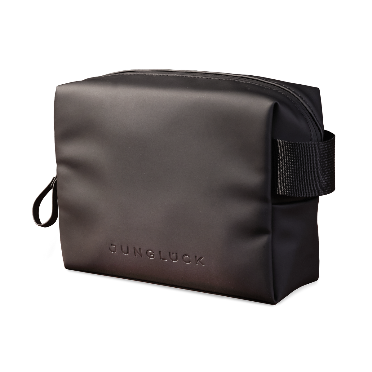 Schlichte Kosmetiktasche in Schwarz mit seitlichem Griff und JUNGLÜCK-Prägung.