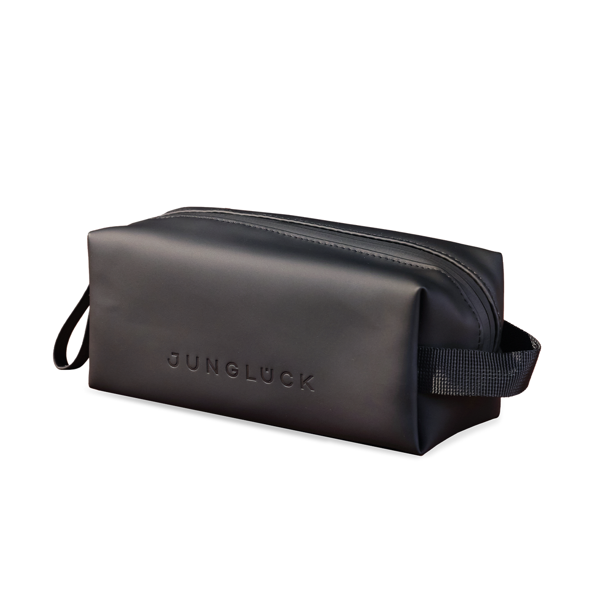 Schlichte, schwarze Kosmetiktasche mit Reißverschluss und Trageschlaufe, geprägt mit dem Logo JUNGLÜCK.