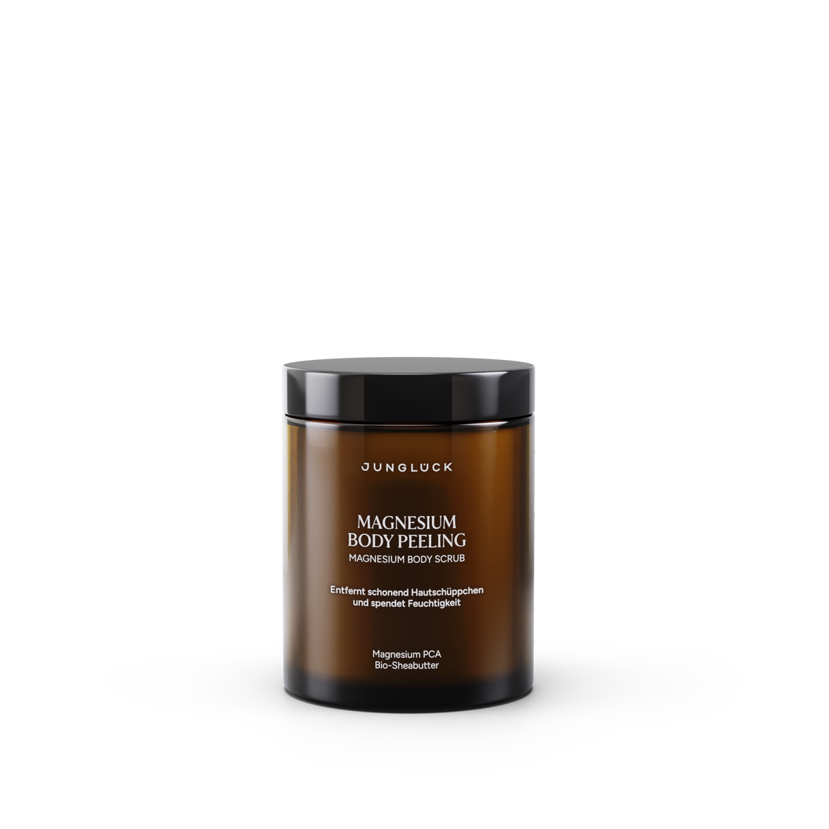 Braunglasbehälter mit schwarzem Deckel, beschriftet als Magnesium Body Peeling 180ml. Sanfte Peeling-Textur für die