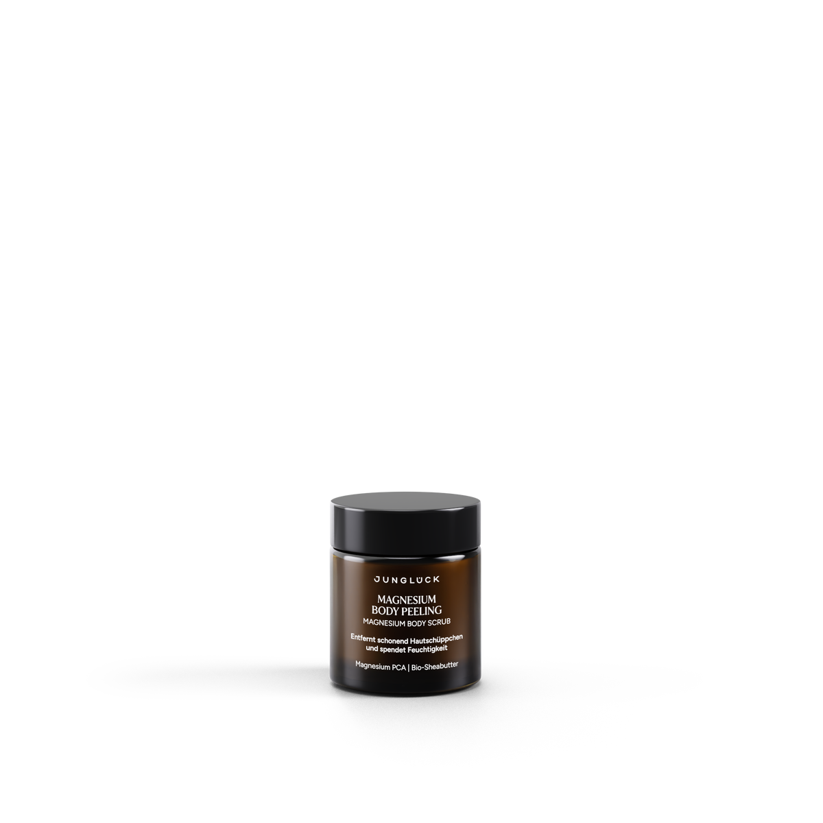 Braunglasbehälter mit Magnesium Body Peeling 30ml im neuen Look, dunkelbrauner Deckel.