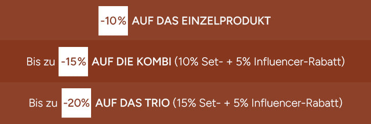 Rabattaktionen für JUNGLÜCK-Produkte: 10% auf Einzelprodukt, bis zu 15% auf Kombi-Sets, bis zu 20% auf Trio-Sets.