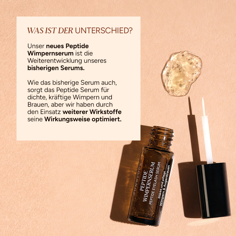 Junglück Peptide Wimpernserum in Braunglasflasche und Textur