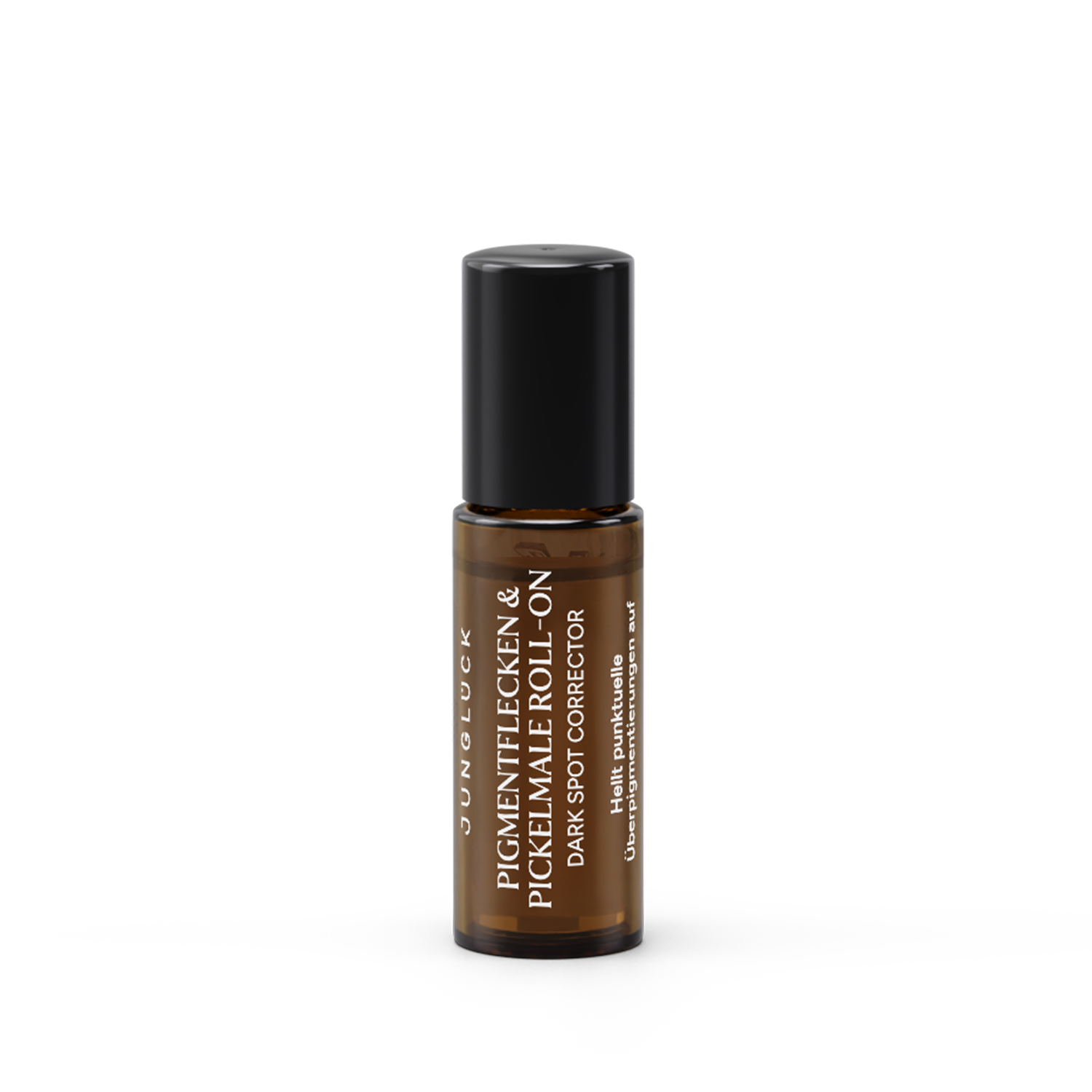 Braunglasflasche mit Roll-On-Kappe, beschriftet mit "Pigmentflecken & Pickelmale Roll On", 5 ml.