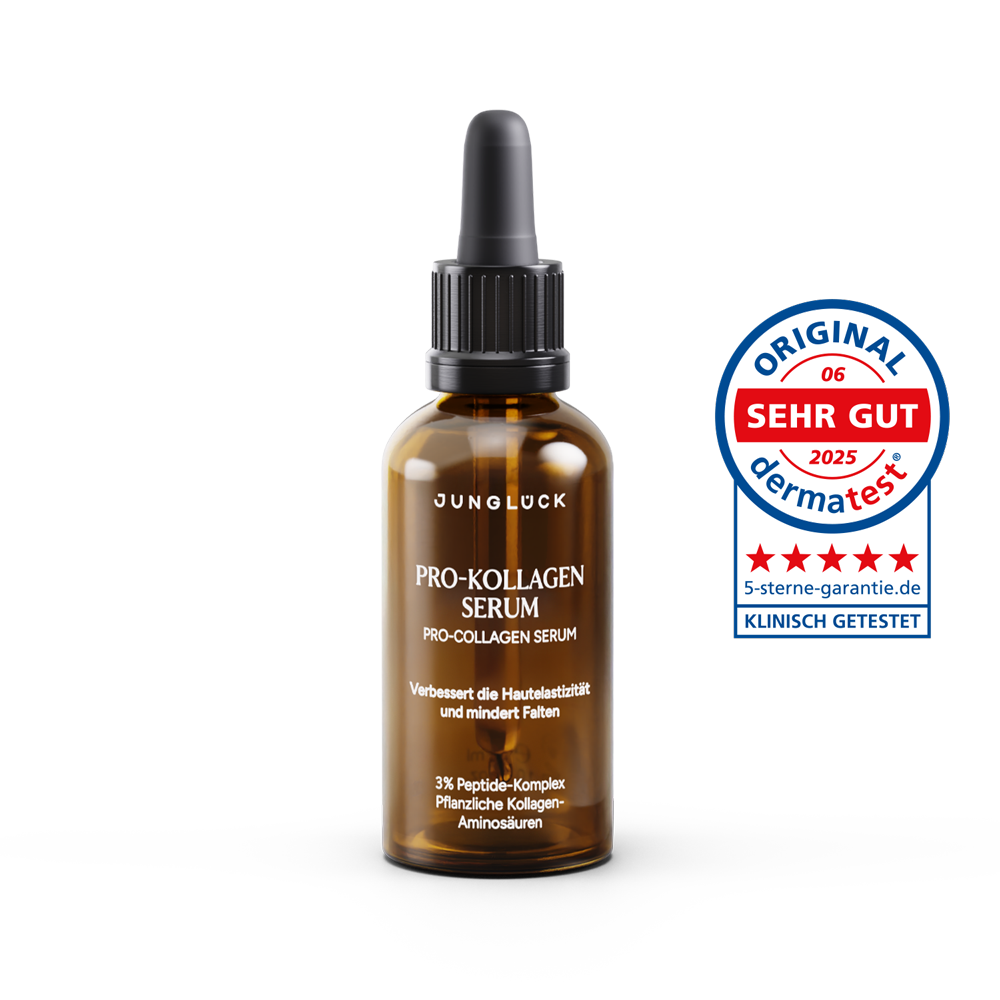 Braunglasflasche mit Pro Kollagen Serum 30ml und Tropfenspender. Zertifikat für dermatologische Testergebnisse sichtbar.