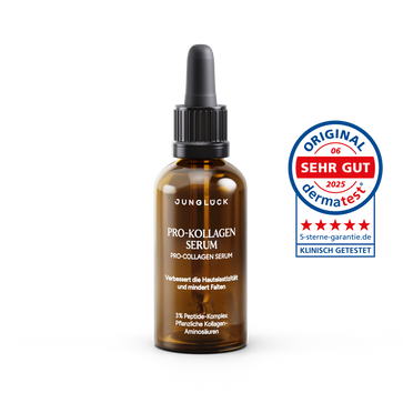 Braunglasflasche mit Pro Kollagen Serum 30ml und Tropfenspender. Zertifikat für dermatologische Testergebnisse sichtbar.