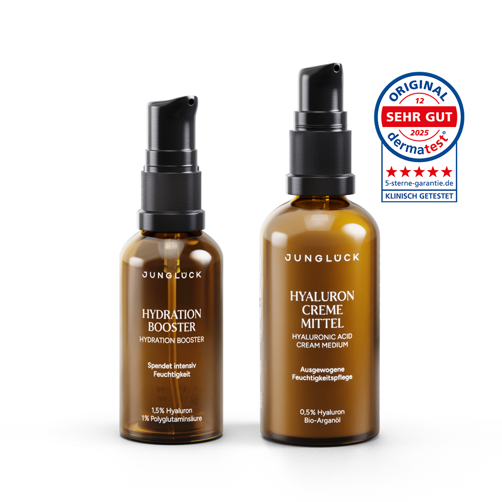 Braunglasflaschen mit einem Hydration Booster und einer Hyaluron Creme Mittel von JUNGLÜCK, Dermatest-Siegel.