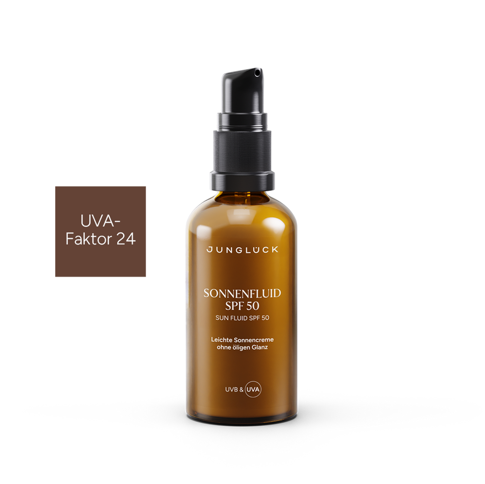 Braunglasflasche mit Sonnenfluid SPF 50. UVA-Faktor 24 und Beschreibung: leichte Sonnencreme ohne öligen Glanz.