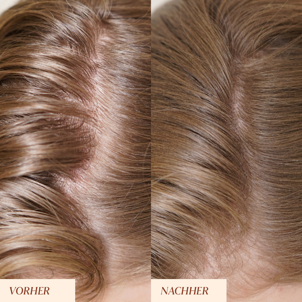 Vorher-Nachher-Vergleich von Hellem Haar mit Trockenshampoo. Links ungestyltes Haar, rechts frischer Look mit Volumen.