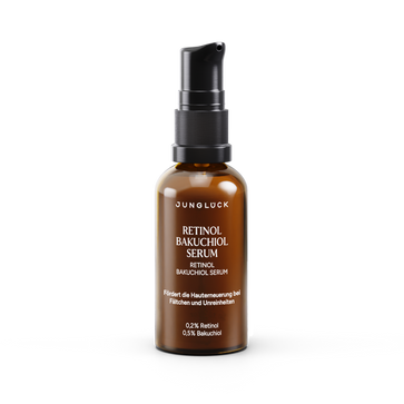 Braunglasflasche mit dunkelgrünem Pumpspender, Retinol Bakuchiol Serum 30ml von JUNGLÜCK, fördert die Hauterneuerung.