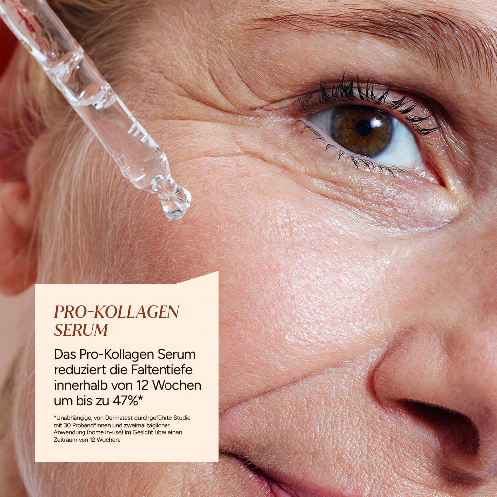 Nahaufnahme eines Gesichts mit Tropfer, der ein Pro-Kollagen Serum auf die Haut aufträgt. Hinweis zur Wirkung der Reduktion