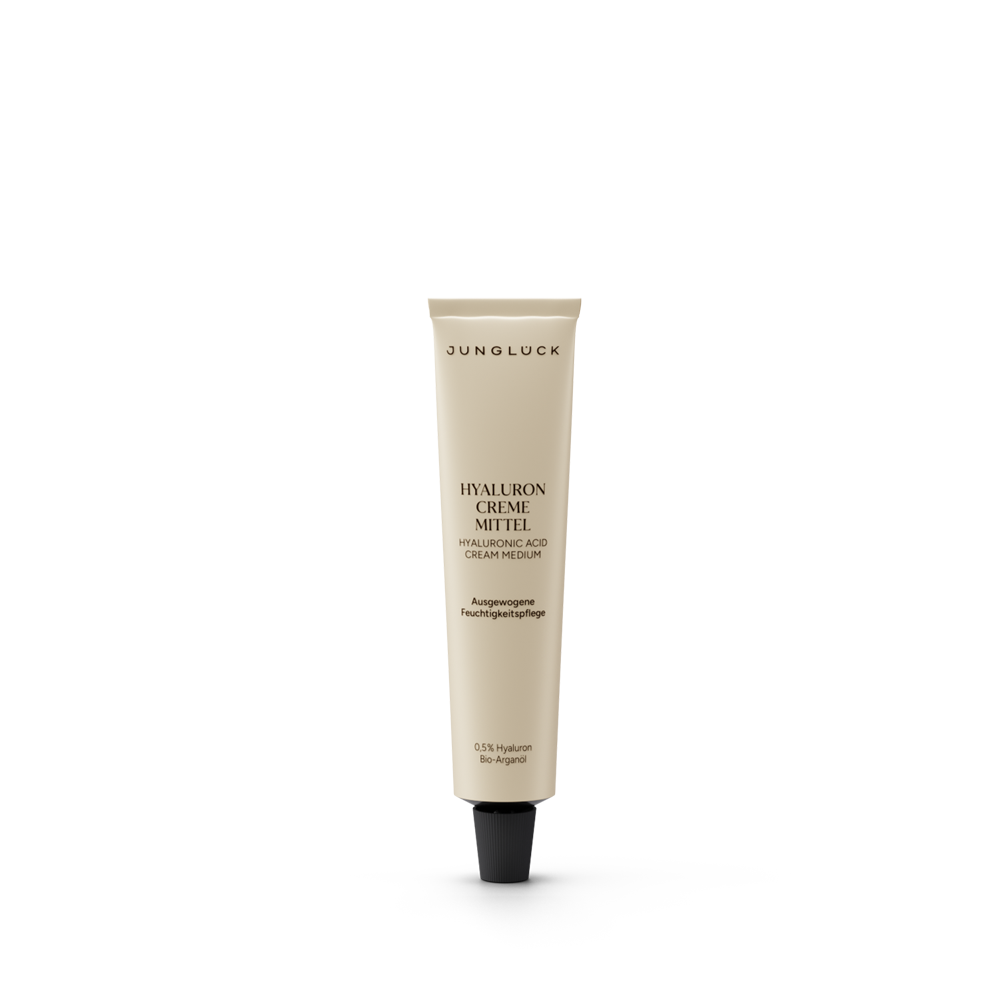 Hyaluron Creme Mittel in einer 10 ml Tube. Verpackung beige mit schwarzem Schriftzug, beschreibt feuchtigkeitsspendende