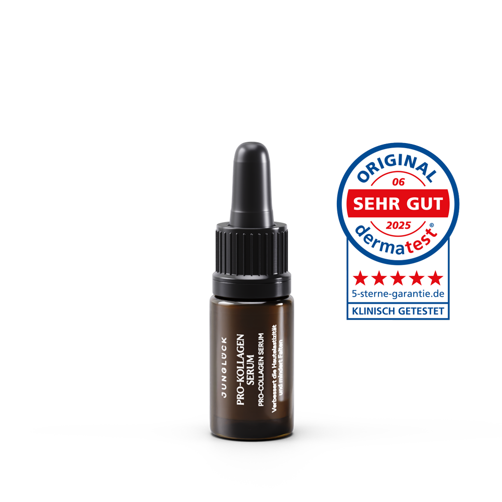 Braunglasflasche mit Pro Kollagen Serum 5ml, schwarzer Tropfverschluss. Siegel ‚SEHR GUT 2025' von Dermatest.