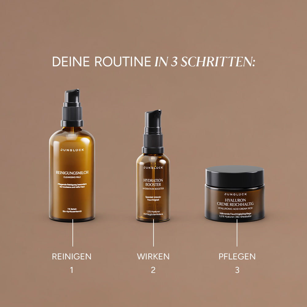 Kennenlern Set bestehend aus Reinigungsöl, Hyaluron Booster und Creme zur Reduzierung starker Trockenheit.