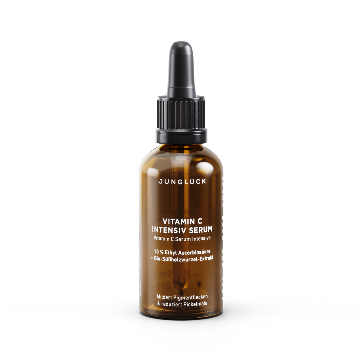 Braunglasflasche mit Vitamin C Intensiv Serum, 30ml, mit Pipette und Beschreibung der Inhaltsstoffe.