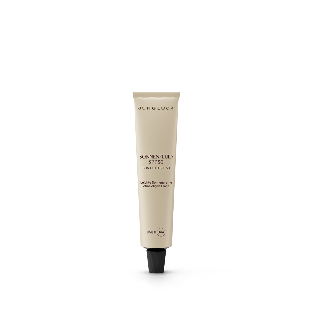 Sonnenfluid in einer 10ml Tube mit SPF 50, beige Verpackung, in aufrechter Position.