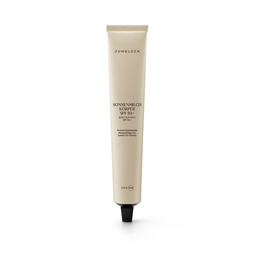 Tube Sonnenmilch Körper SPF 50, 100ml in hellem Design, auf transparentem Hintergrund.