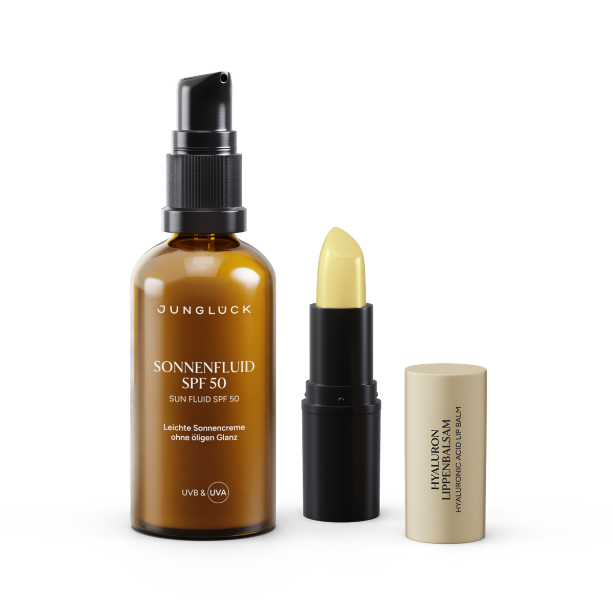 Sonnenschutz Set mit einer Braunglasflasche Sonnenfluid SPF 50, einem Lippenbalsam und einer schwarzen Verpackung.