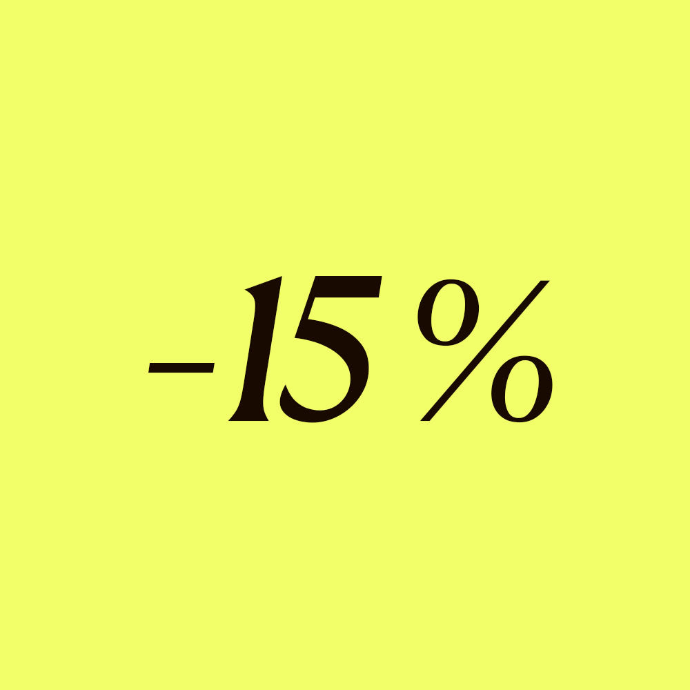 -15 % Rabatt auf Produkte mit stilvollem, gelbem Hintergrund.