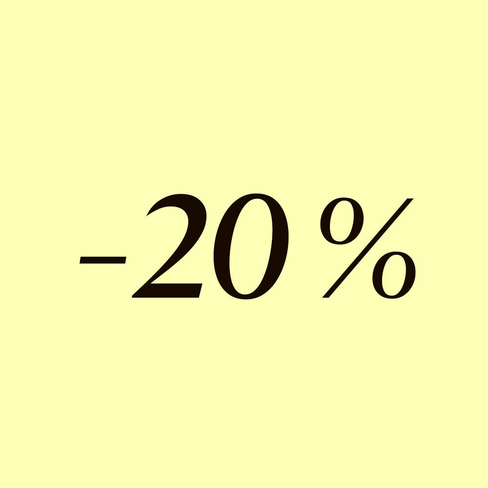 -20 % Rabatt auf ausgewählte Produkte vor gelbem Hintergrund.